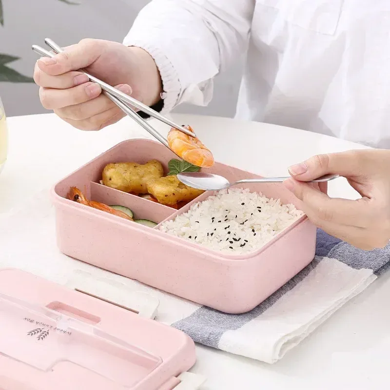 Boîte bento portable en paille de blé avec vaisselle pour enfants, boîte-repas compatible micro-ondes 3
