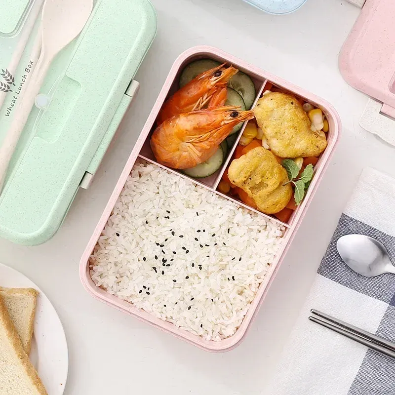 Boîte bento portable en paille de blé avec vaisselle pour enfants, boîte-repas compatible micro-ondes 4