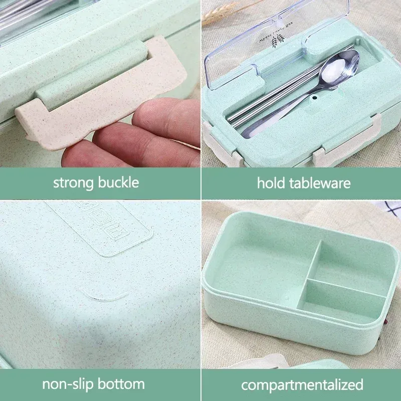 Boîte bento portable en paille de blé avec vaisselle pour enfants, boîte-repas compatible micro-ondes 5