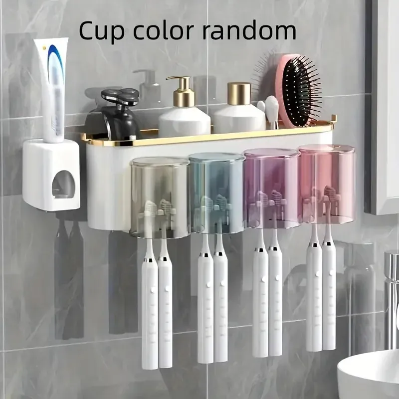 Support mural multifonctionnel pour brosses à dents et gobelets, avec distributeur de dentifrice et de bain de bouche (lot de 1)