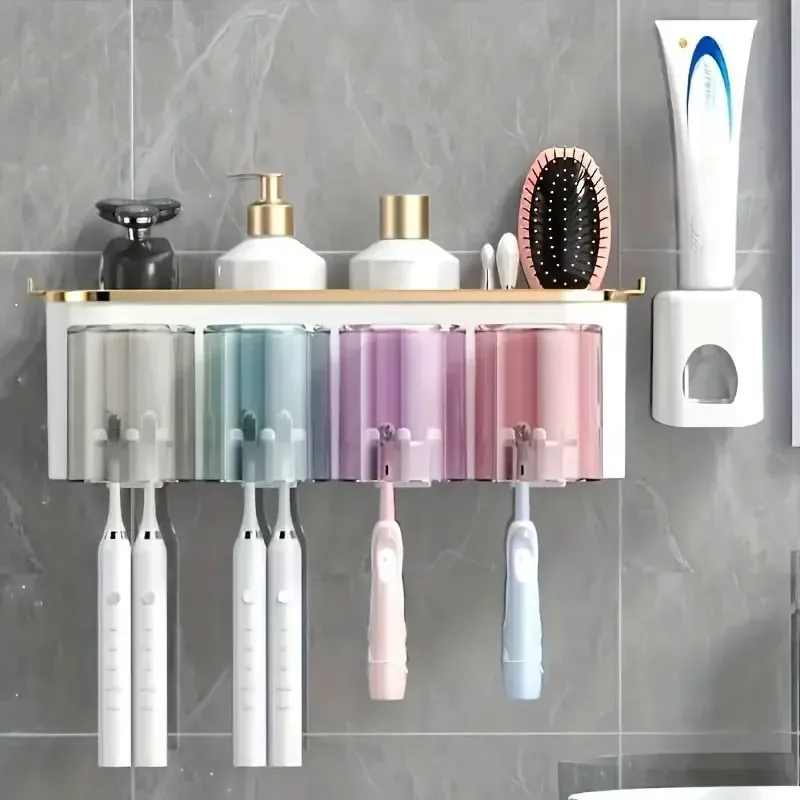 Support mural multifonctionnel pour brosses à dents et gobelets, avec distributeur de dentifrice et de bain de bouche (lot de 1) 3