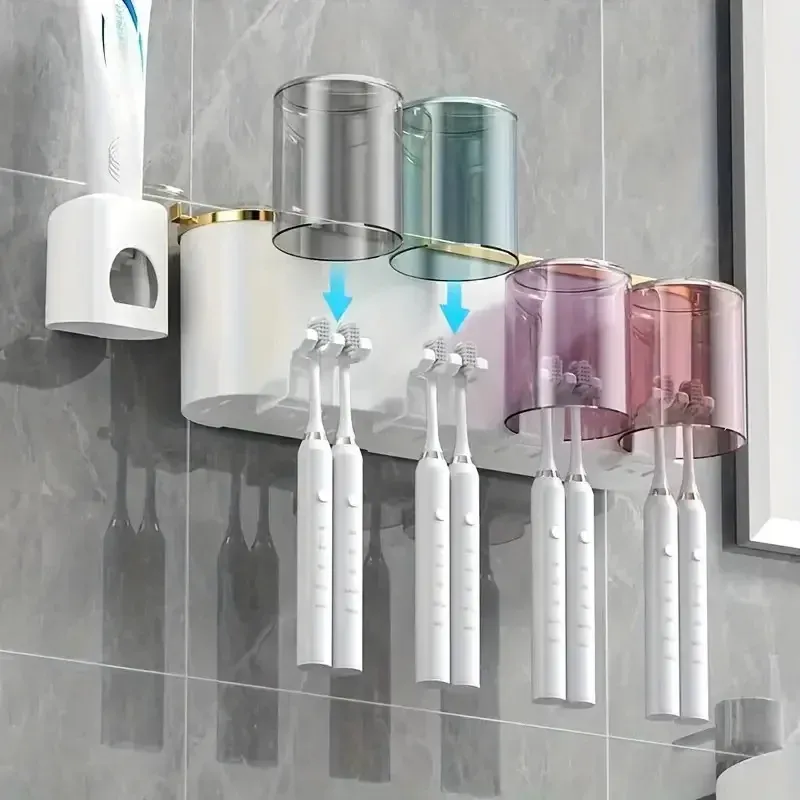 Support mural multifonctionnel pour brosses à dents et gobelets, avec distributeur de dentifrice et de bain de bouche (lot de 1) 4