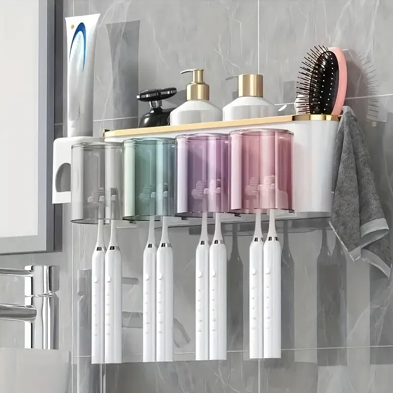 Support mural multifonctionnel pour brosses à dents et gobelets, avec distributeur de dentifrice et de bain de bouche (lot de 1) 5