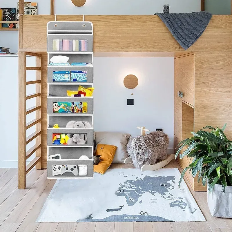 Organisateur de rangement suspendu à 5 étagères et 5 grandes poches pour porte, anti-basculement, pour chambre et salle de bain 5