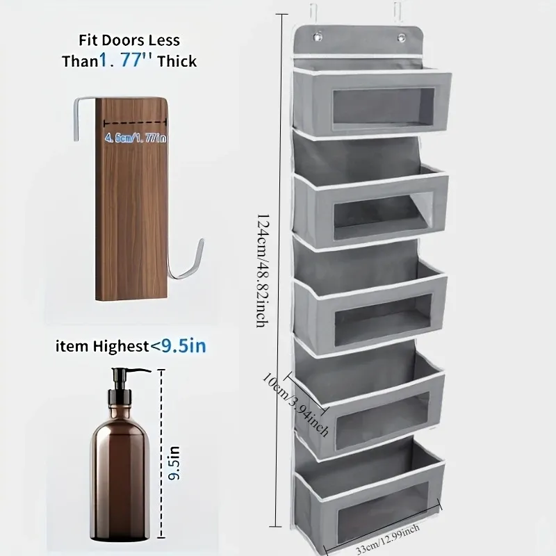 Organisateur de rangement suspendu à 5 étagères et 5 grandes poches pour porte, anti-basculement, pour chambre et salle de bain 6