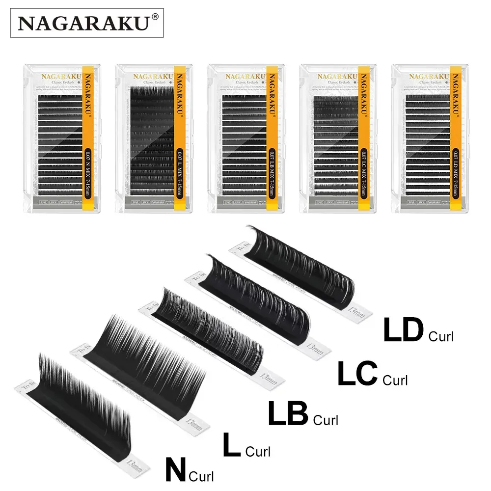 NAGARAKU Cils individuels en vison synthétique, boucles mélangées, longueurs 7 à 15 mm, courbures LB, LC, LD, N et L, 16 rangs, effet naturel et doux, haute qualité