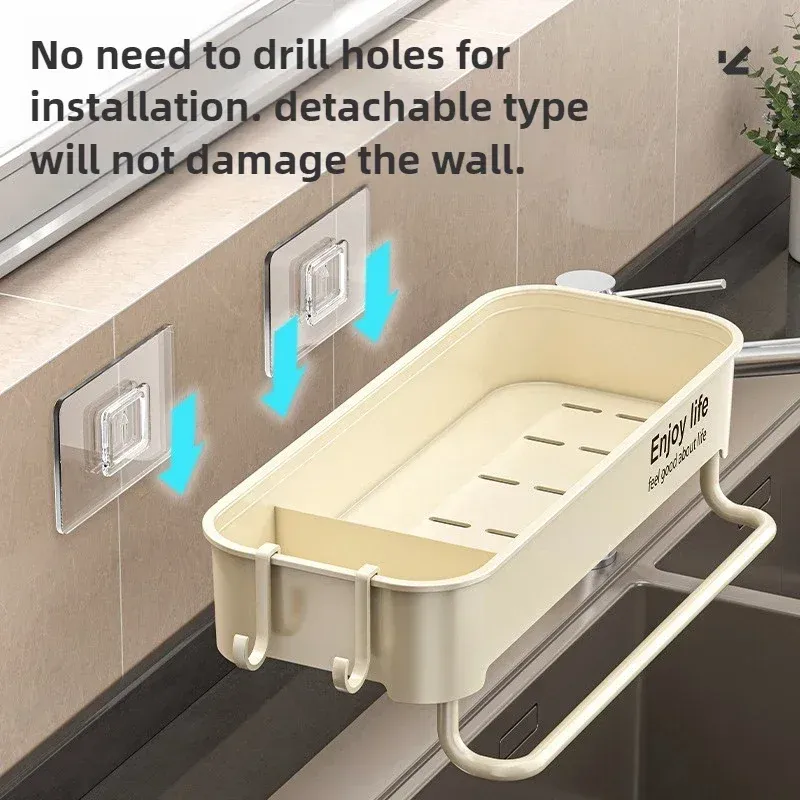 Égouttoir d'évier de cuisine autoégouttant en plastique T1 avec porte-éponge, support pour torchon et panier filtrant 3
