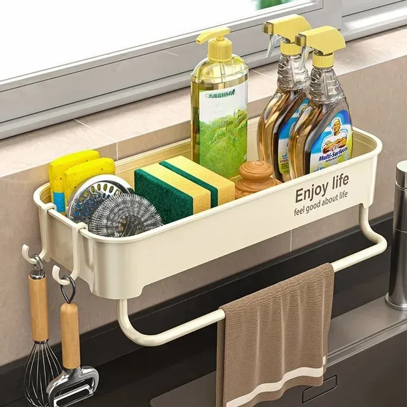 Égouttoir d'évier de cuisine autoégouttant en plastique T1 avec porte-éponge, support pour torchon et panier filtrant - Image 1