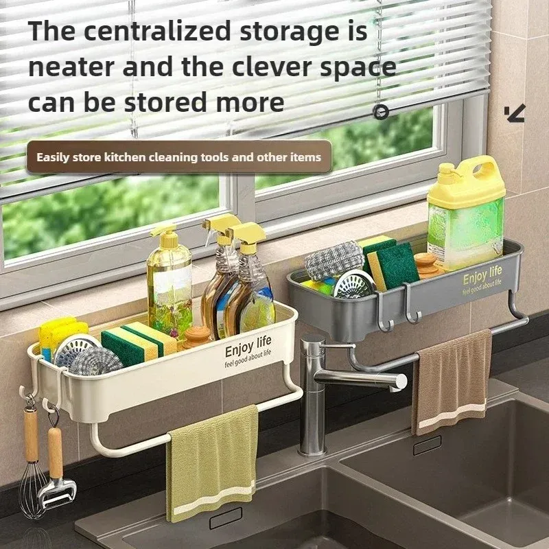Égouttoir d'évier de cuisine autoégouttant en plastique T1 avec porte-éponge, support pour torchon et panier filtrant 2