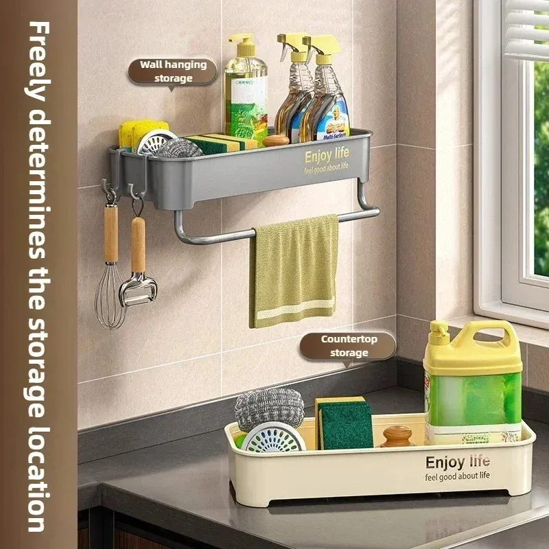 Égouttoir d'évier de cuisine autoégouttant en plastique T1 avec porte-éponge, support pour torchon et panier filtrant 4