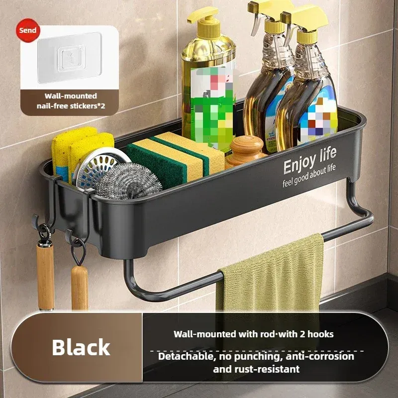 Égouttoir d'évier de cuisine autoégouttant en plastique T1 avec porte-éponge, support pour torchon et panier filtrant 9