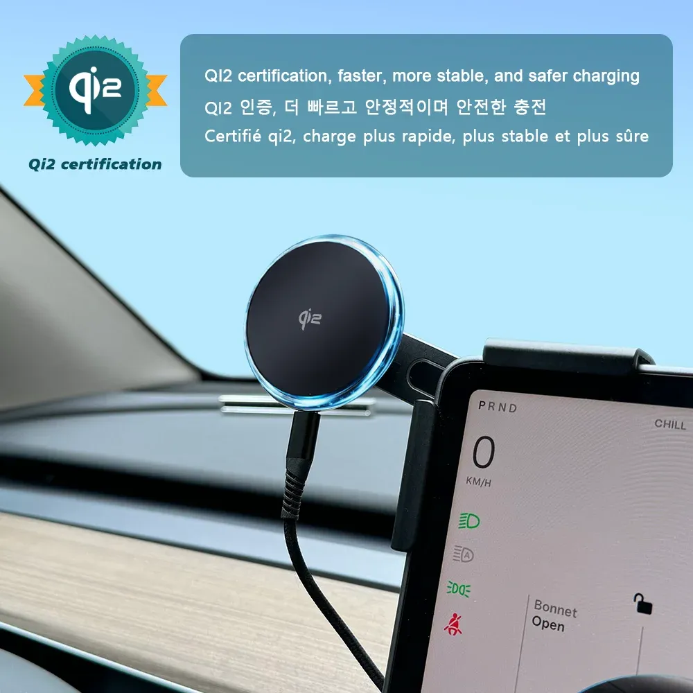 Chargeur sans fil magnétique Qi2 15 W/25 W avec support pour téléphone, fixation sur écran, compatible MagSafe, pour Tesla Model YL, Model Y, Juniper 3 et Highland 2