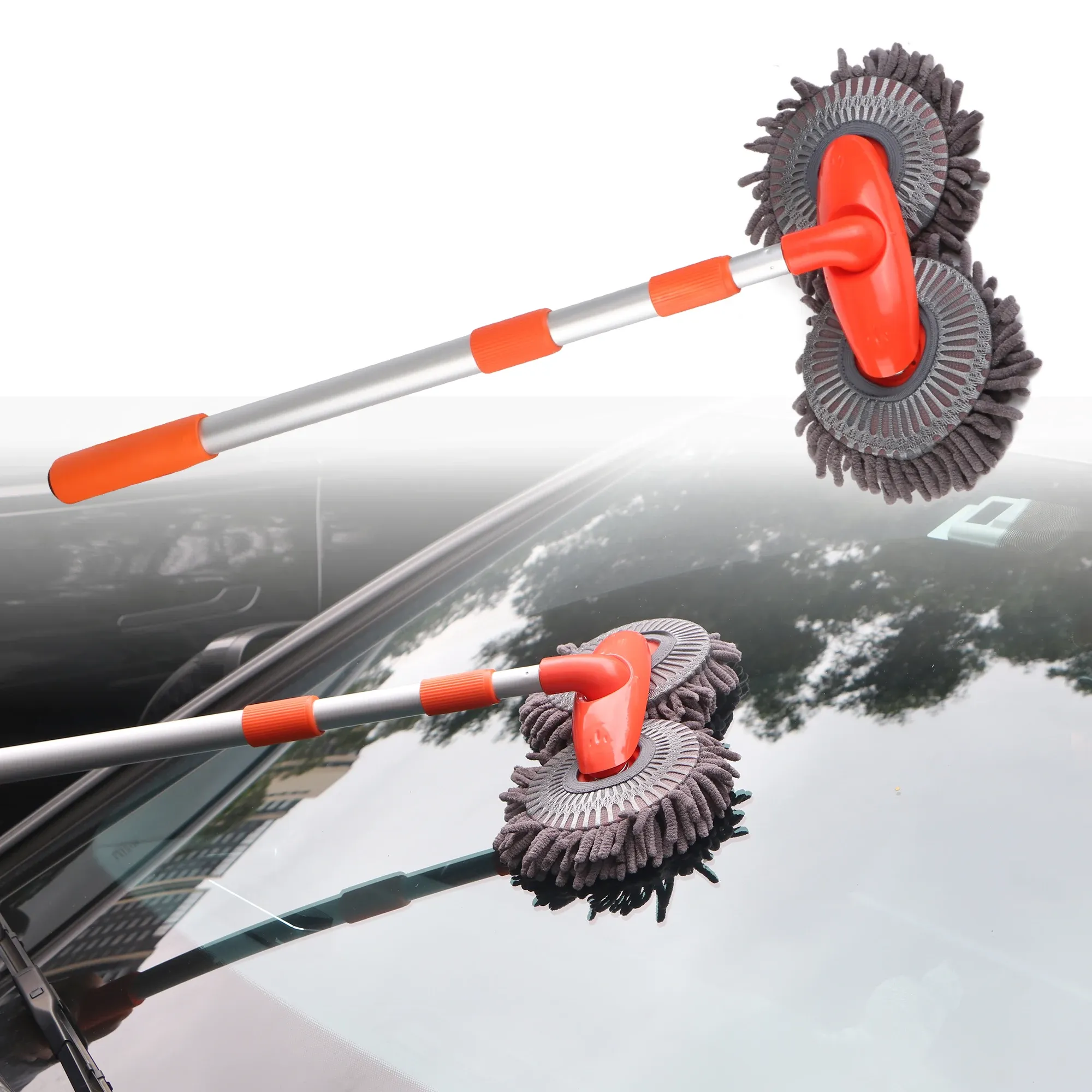 Tête de brosse double avec manche télescopique à trois sections pour lavage de voiture et nettoyage de toit - Image 1