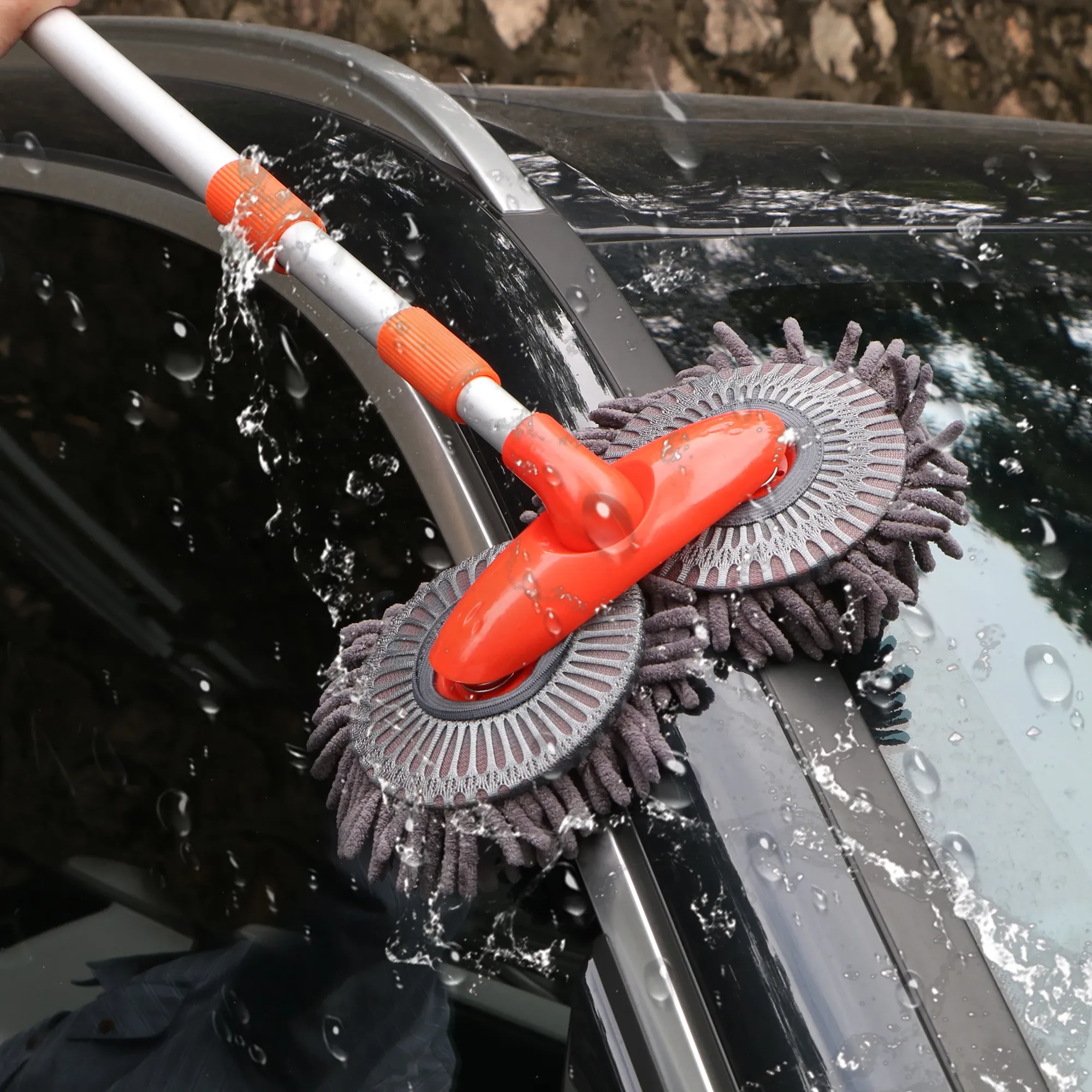 Tête de brosse double avec manche télescopique à trois sections pour lavage de voiture et nettoyage de toit 3