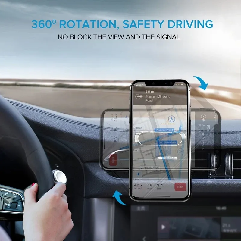 Support magnétique pour téléphone de voiture rotatif, compact, en métal, avec aimant puissant, compatible iPhone 16, Xiaomi, Huawei et Samsung 3