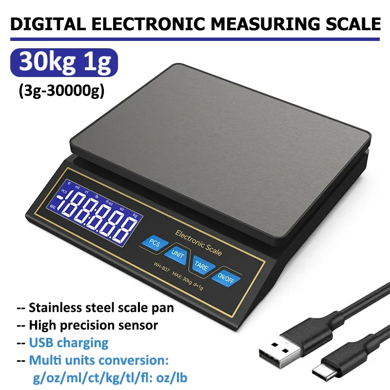 Balance de cuisine numérique LCD 30 kg / 1 g, plateau en acier inoxydable rechargeable - Image 1