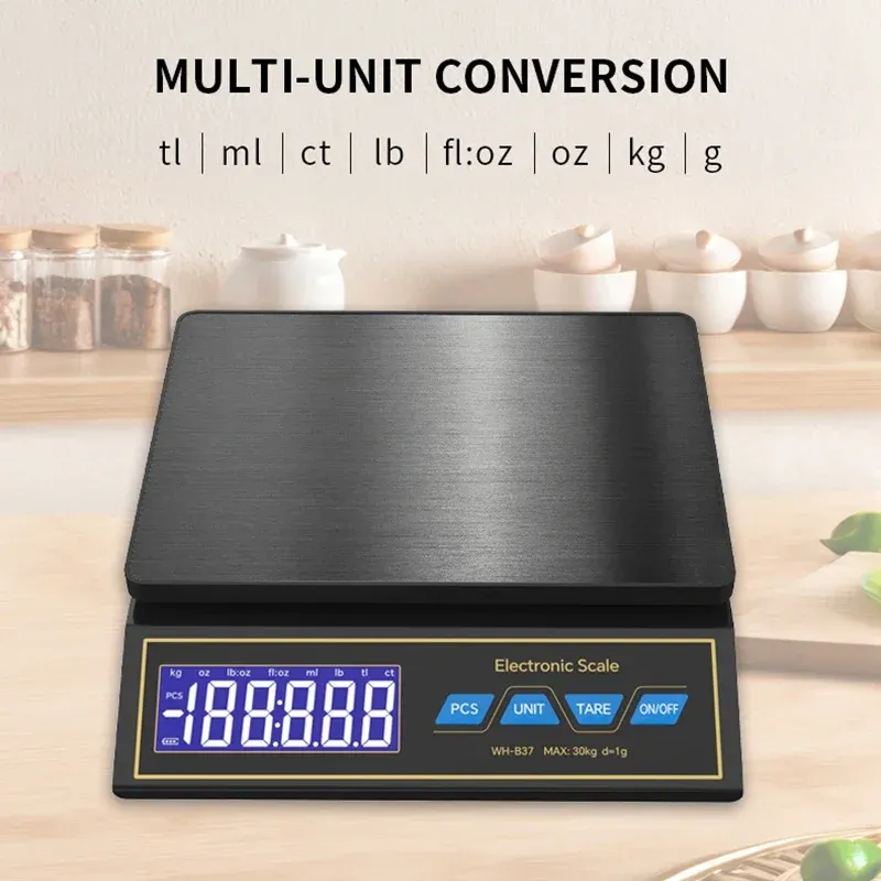 Balance de cuisine numérique LCD 30 kg / 1 g, plateau en acier inoxydable rechargeable 3