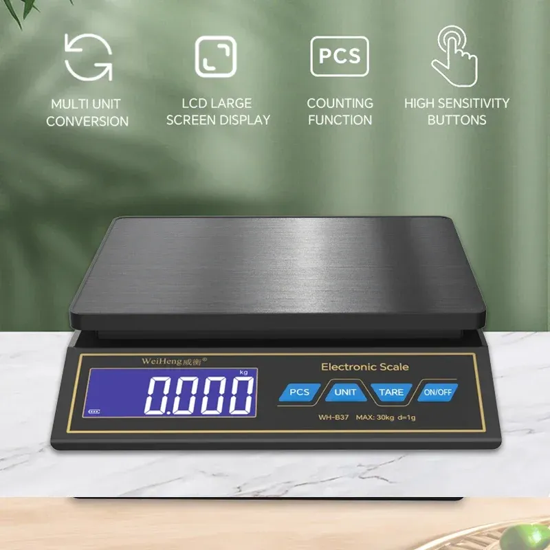 Balance de cuisine numérique LCD 30 kg / 1 g, plateau en acier inoxydable rechargeable 2