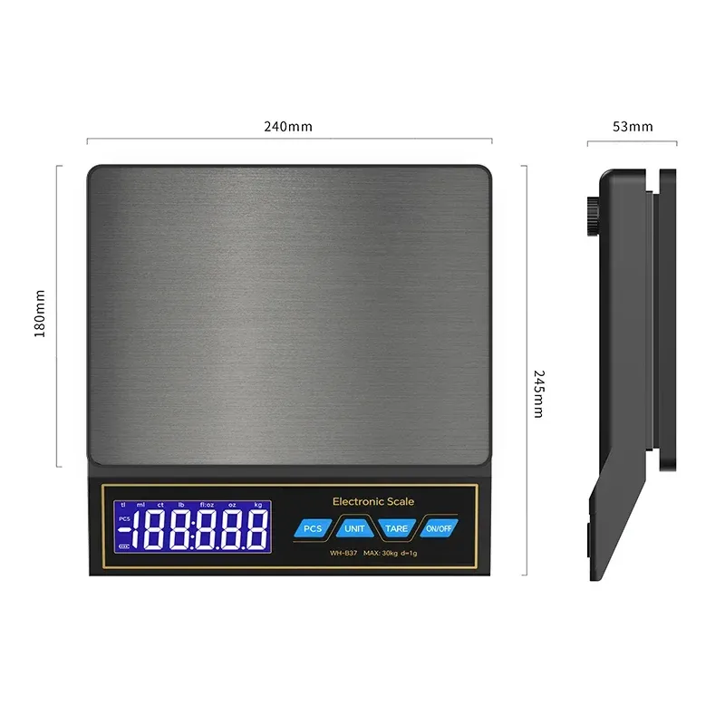 Balance de cuisine numérique LCD 30 kg / 1 g, plateau en acier inoxydable rechargeable 5