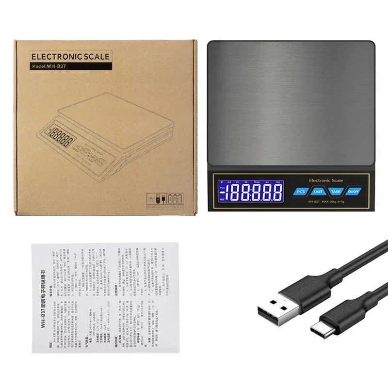 Balance de cuisine numérique LCD 30 kg / 1 g, plateau en acier inoxydable rechargeable 7