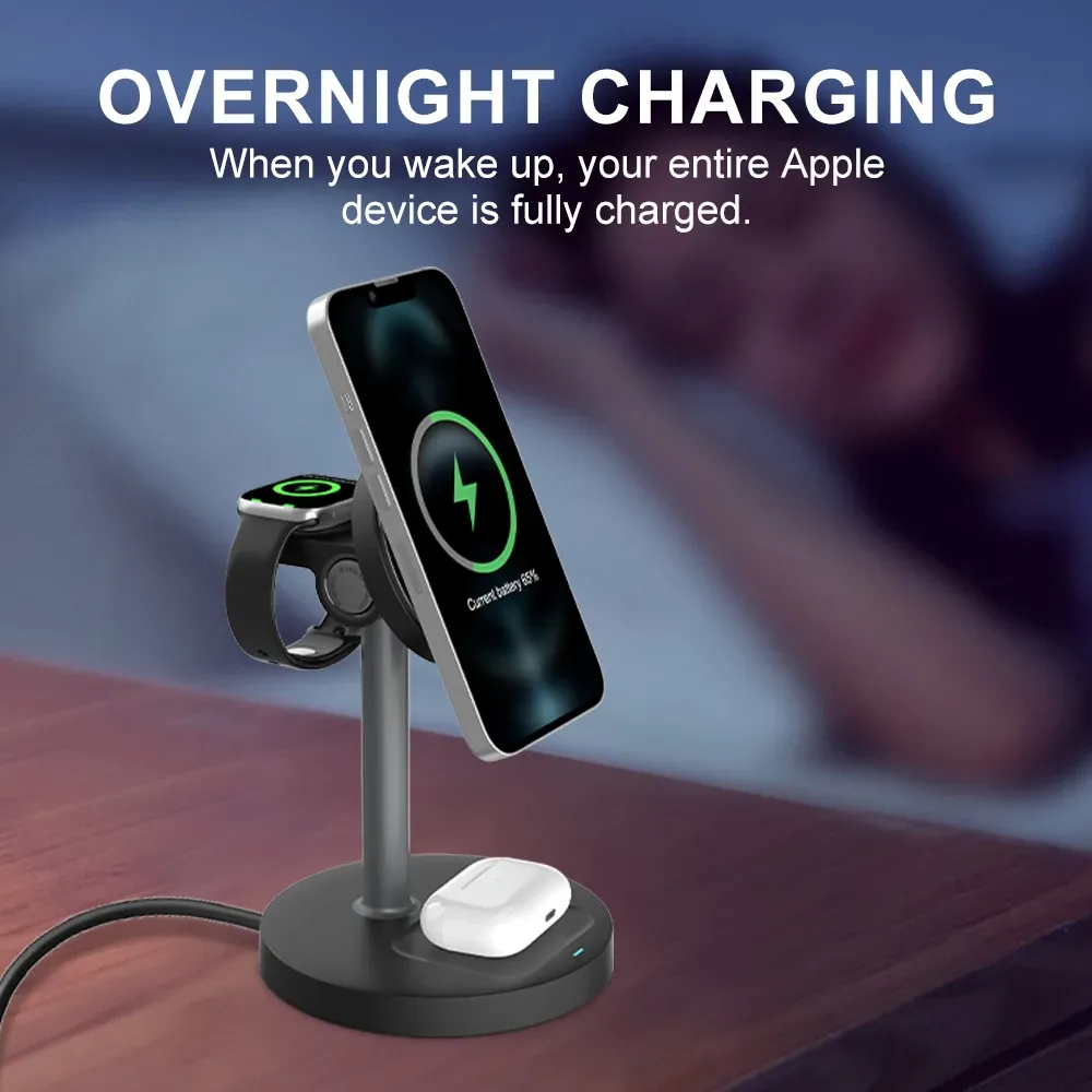 Support de chargeur sans fil rapide 15W, chargeur magnétique sans fil 3 en 1 pour iPhone série 12 à 16, iWatch et AirPods, angle réglable 3