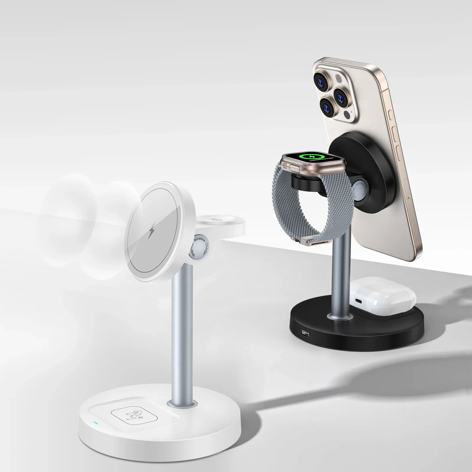 Support de chargeur sans fil rapide 15W, chargeur magnétique sans fil 3 en 1 pour iPhone série 12 à 16, iWatch et AirPods, angle réglable