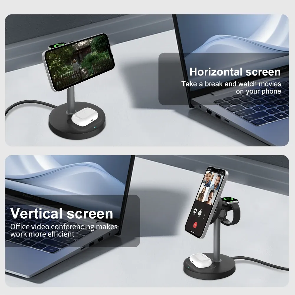Support de chargeur sans fil rapide 15W, chargeur magnétique sans fil 3 en 1 pour iPhone série 12 à 16, iWatch et AirPods, angle réglable 4