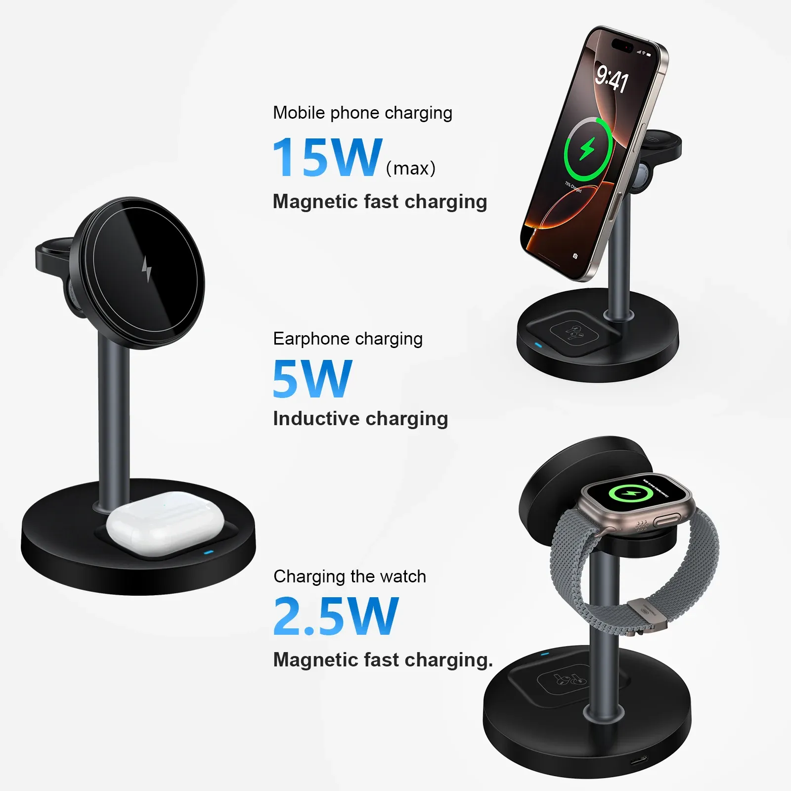 Support de chargeur sans fil rapide 15W, chargeur magnétique sans fil 3 en 1 pour iPhone série 12 à 16, iWatch et AirPods, angle réglable 6