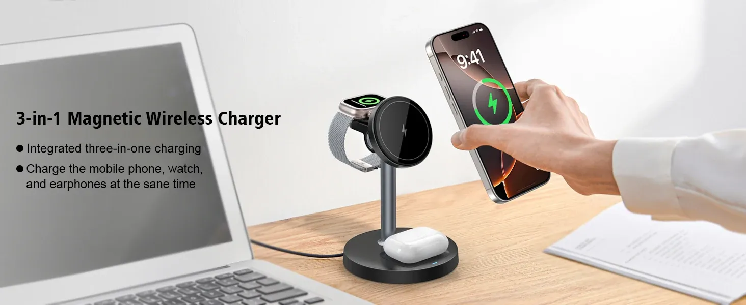 Support de chargeur sans fil magnétique 3 en 1 vue d'ensemble