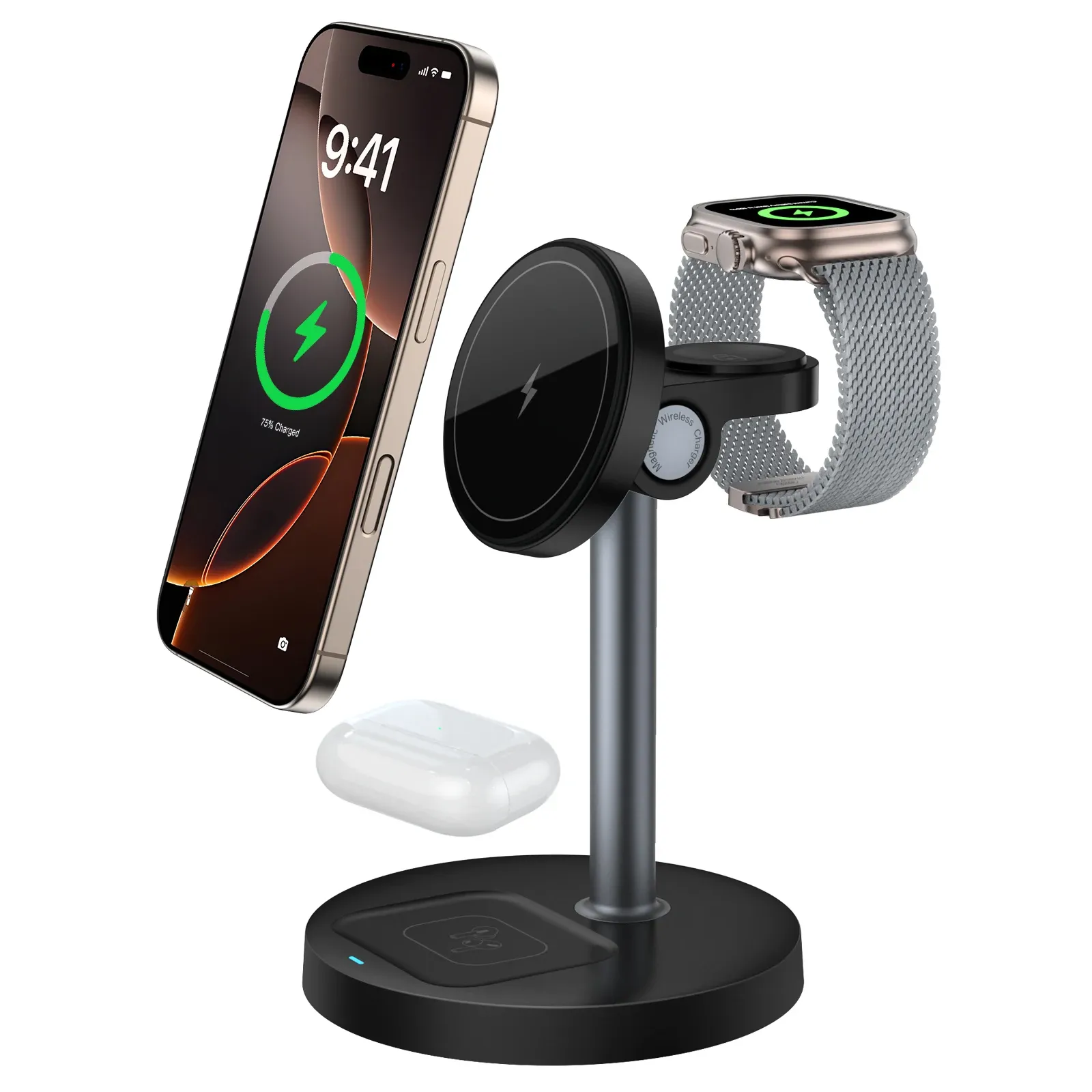 Support de chargeur sans fil rapide 15W, chargeur magnétique sans fil 3 en 1 pour iPhone série 12 à 16, iWatch et AirPods, angle réglable 7