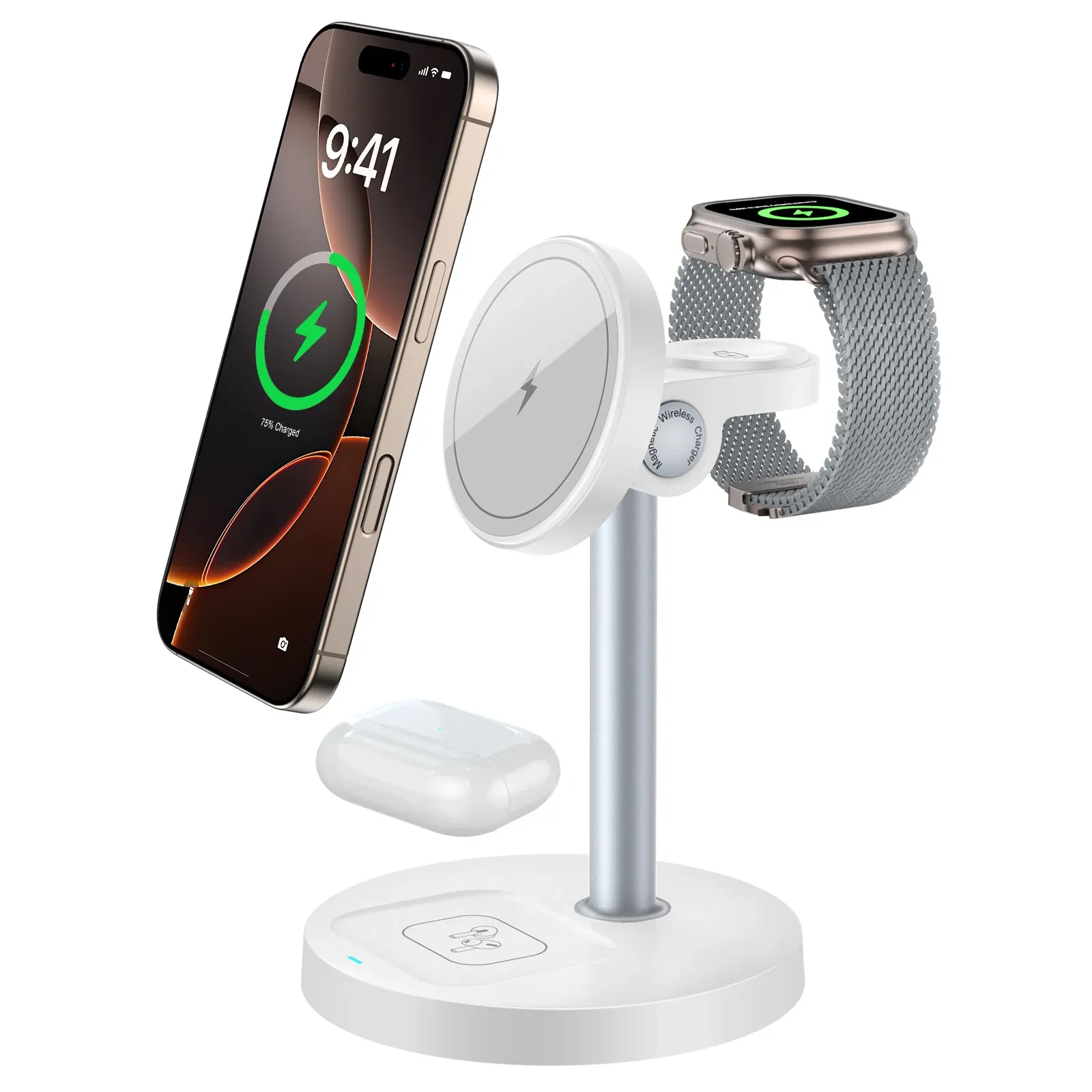 Support de chargeur sans fil rapide 15W, chargeur magnétique sans fil 3 en 1 pour iPhone série 12 à 16, iWatch et AirPods, angle réglable 9