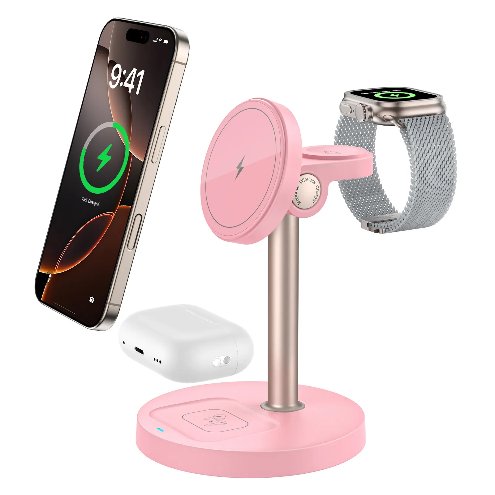 Support de chargeur sans fil rapide 15W, chargeur magnétique sans fil 3 en 1 pour iPhone série 12 à 16, iWatch et AirPods, angle réglable 10