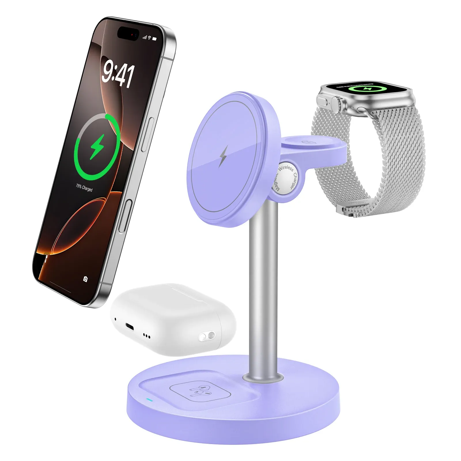 Support de chargeur sans fil rapide 15W, chargeur magnétique sans fil 3 en 1 pour iPhone série 12 à 16, iWatch et AirPods, angle réglable 8