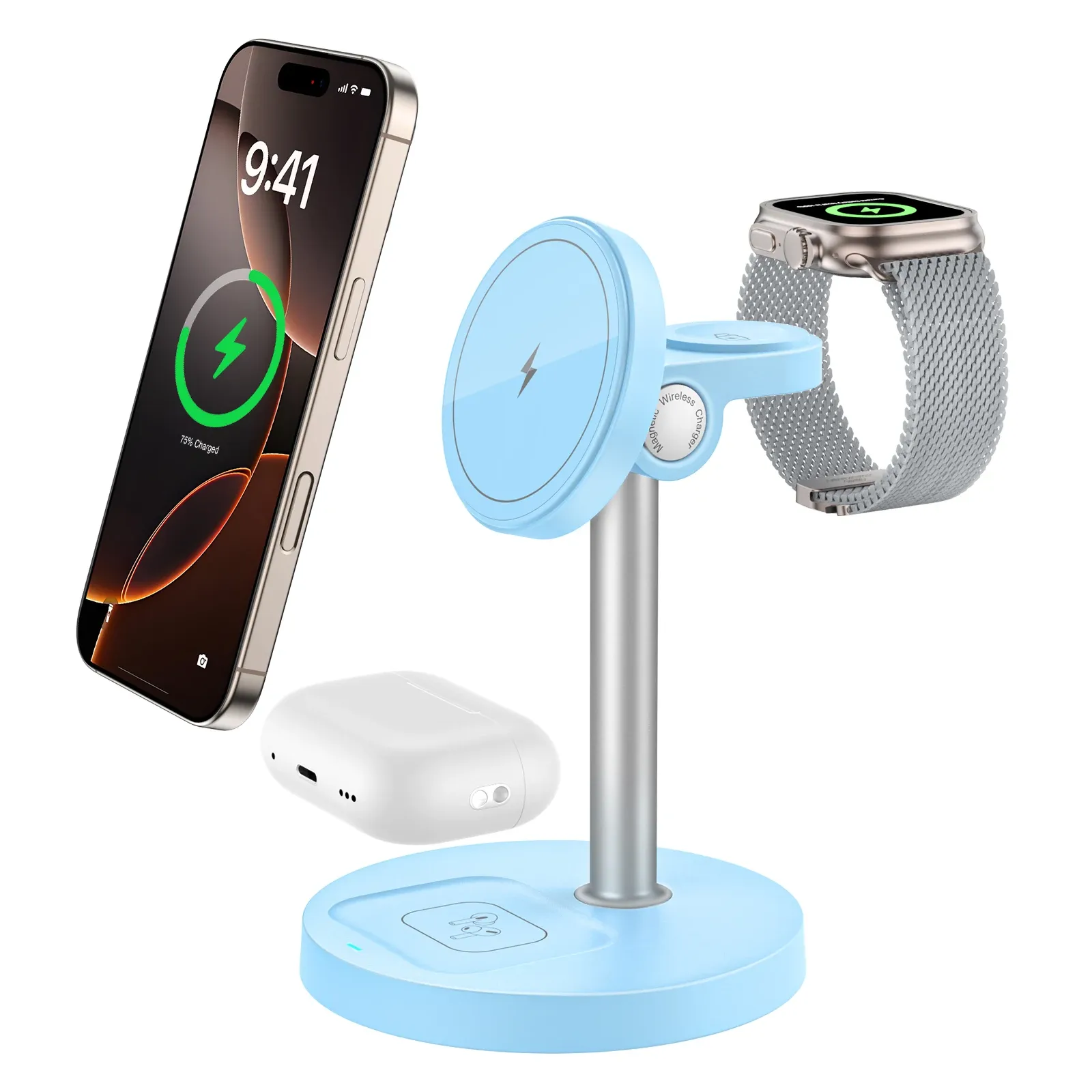 Support de chargeur sans fil rapide 15W, chargeur magnétique sans fil 3 en 1 pour iPhone série 12 à 16, iWatch et AirPods, angle réglable 12