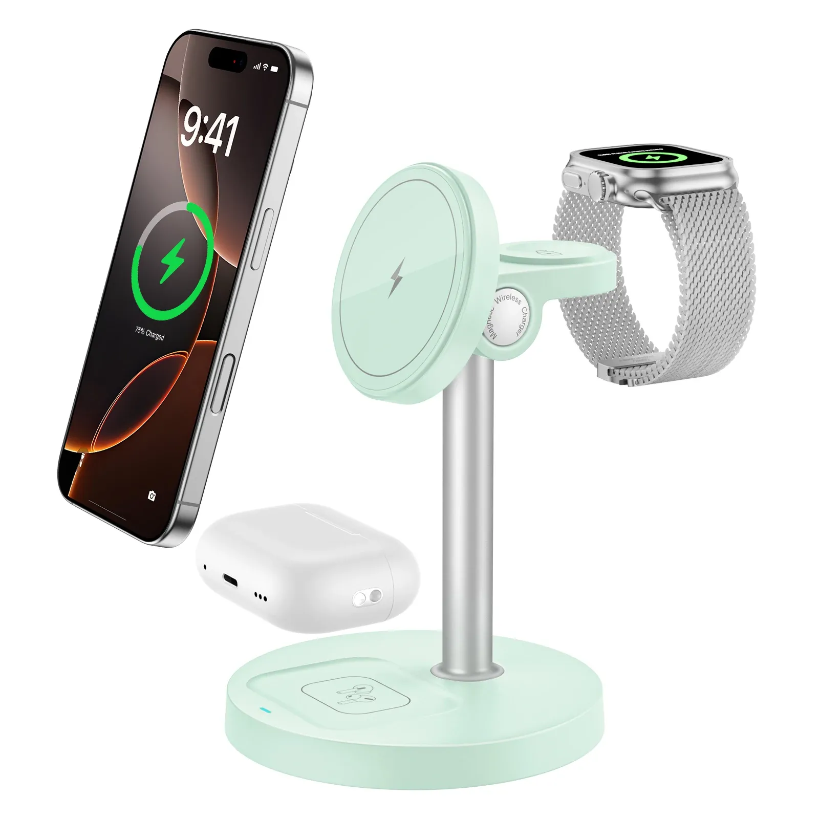 Support de chargeur sans fil rapide 15W, chargeur magnétique sans fil 3 en 1 pour iPhone série 12 à 16, iWatch et AirPods, angle réglable 11