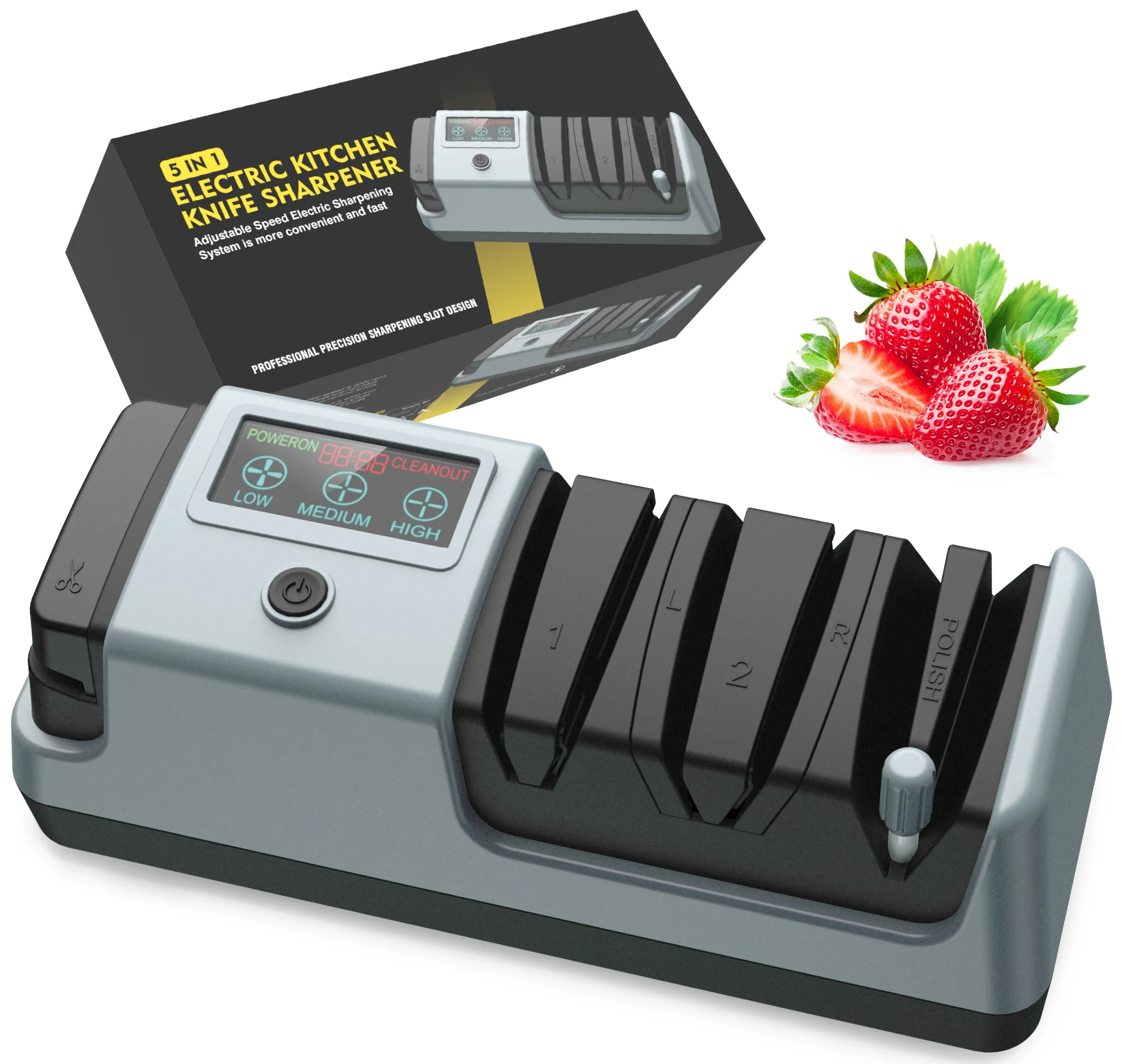 YOORLEAY Affûteur de couteaux électrique 5 en 1 avec 3 étages d'affûtage réglables et vitesse de rotation ajustable pour couteaux de cuisine - Image 1