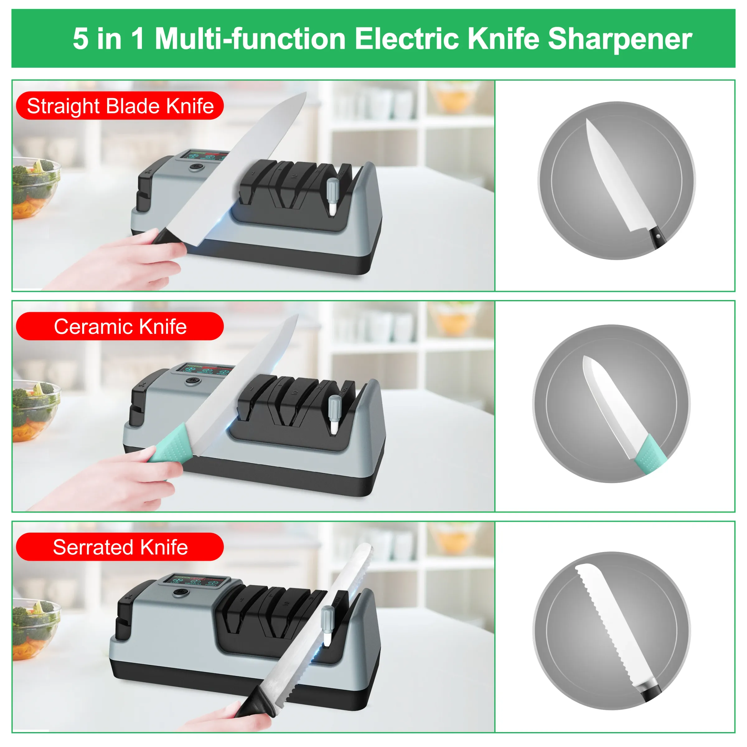 YOORLEAY Affûteur de couteaux électrique 5 en 1 avec 3 étages d'affûtage réglables et vitesse de rotation ajustable pour couteaux de cuisine 3