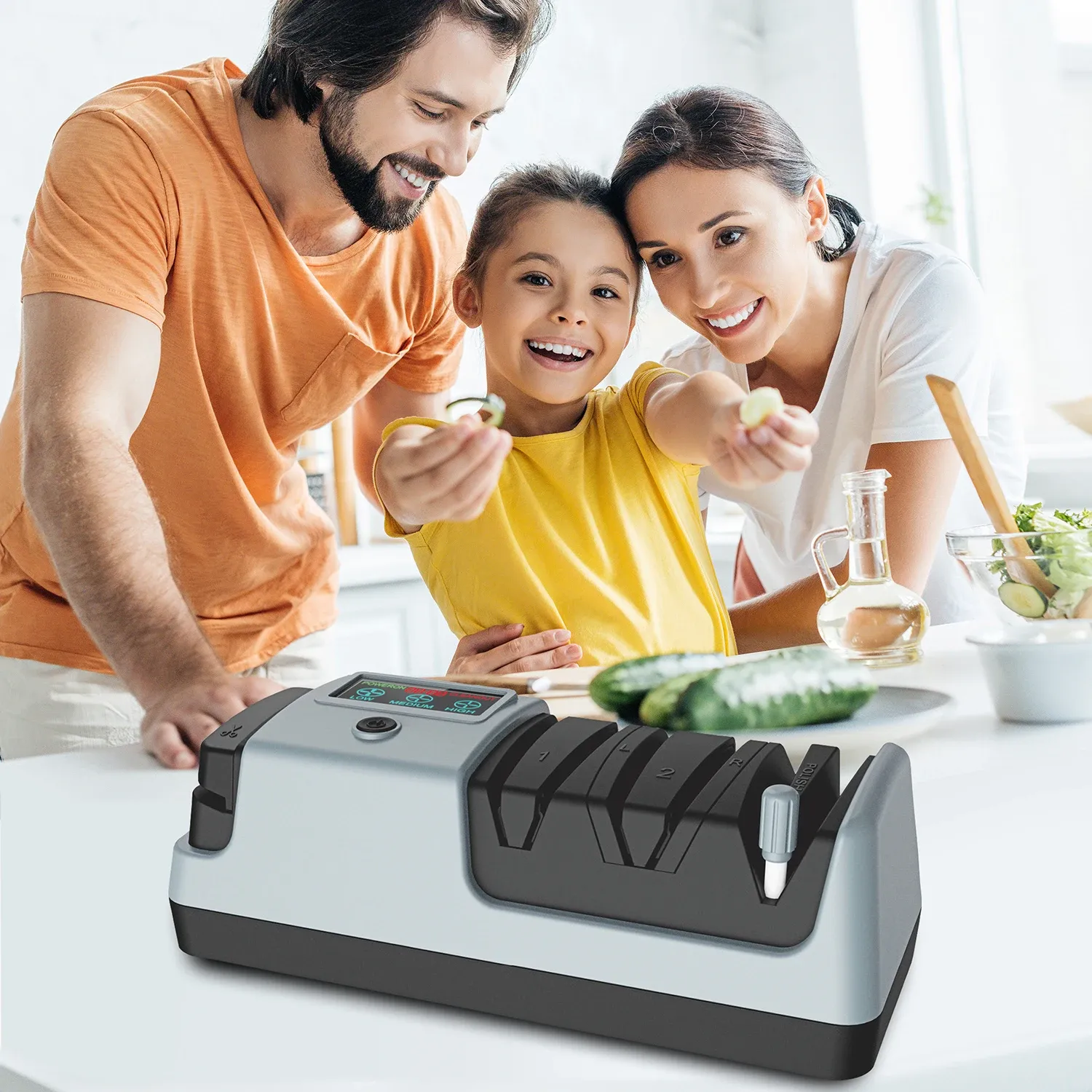 YOORLEAY Affûteur de couteaux électrique 5 en 1 avec 3 étages d'affûtage réglables et vitesse de rotation ajustable pour couteaux de cuisine 2