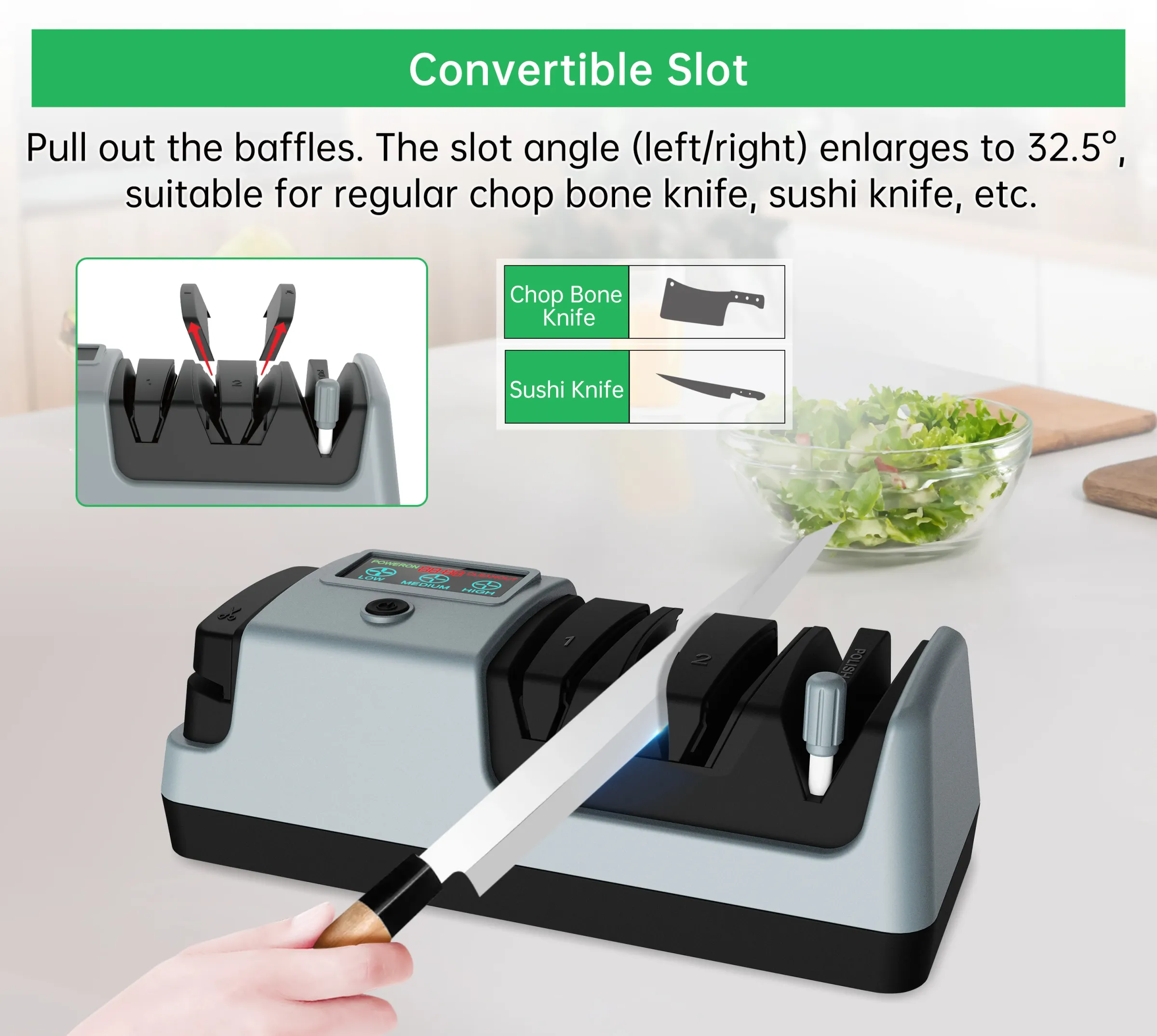 YOORLEAY Affûteur de couteaux électrique 5 en 1 avec 3 étages d'affûtage réglables et vitesse de rotation ajustable pour couteaux de cuisine 4