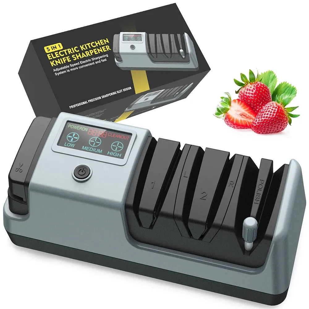 YOORLEAY Affûteur de couteaux électrique 5 en 1 avec 3 étages d'affûtage réglables et vitesse de rotation ajustable pour couteaux de cuisine 7