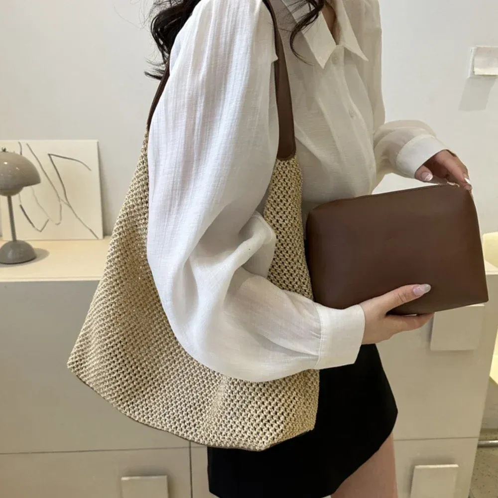 Sac de plage en rotin tissé à la main, grand sac d'été en paille tressée pour femme, sac bandoulière et cabas de shopping 3