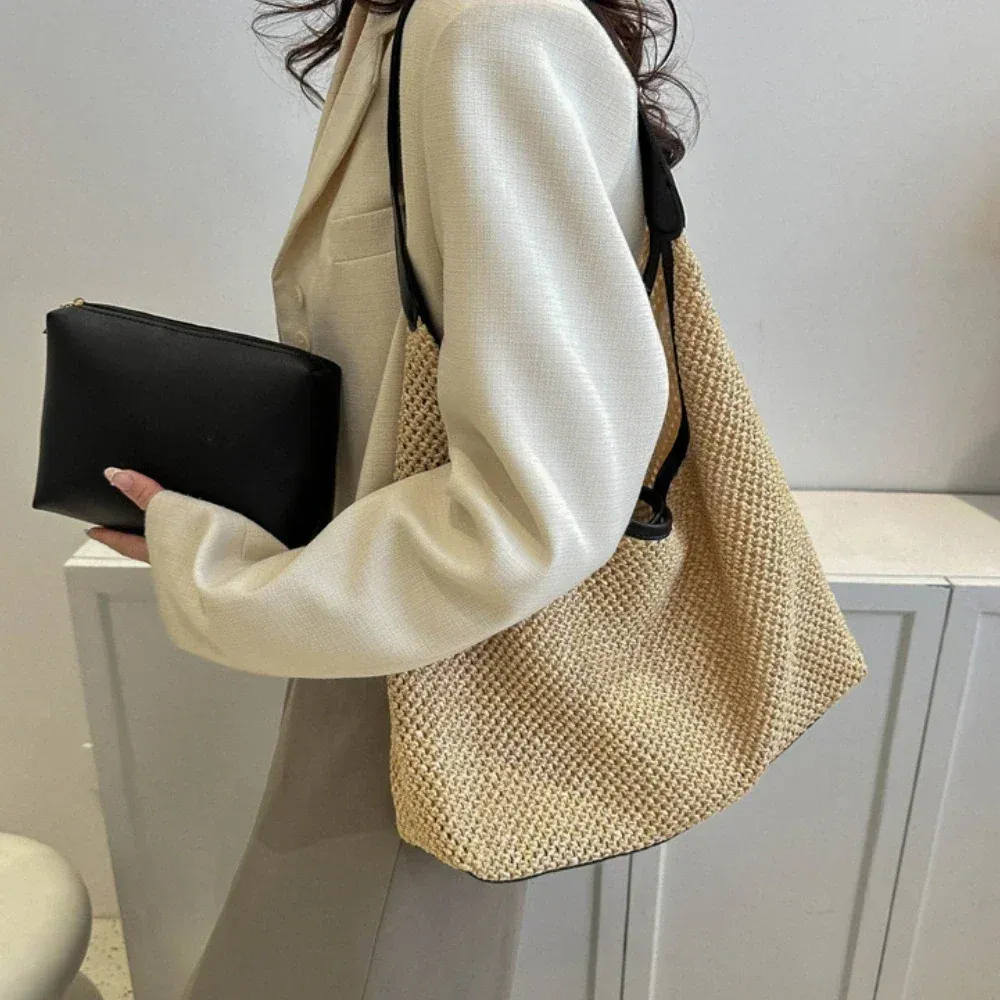 Sac de plage en rotin tissé à la main, grand sac d'été en paille tressée pour femme, sac bandoulière et cabas de shopping 1