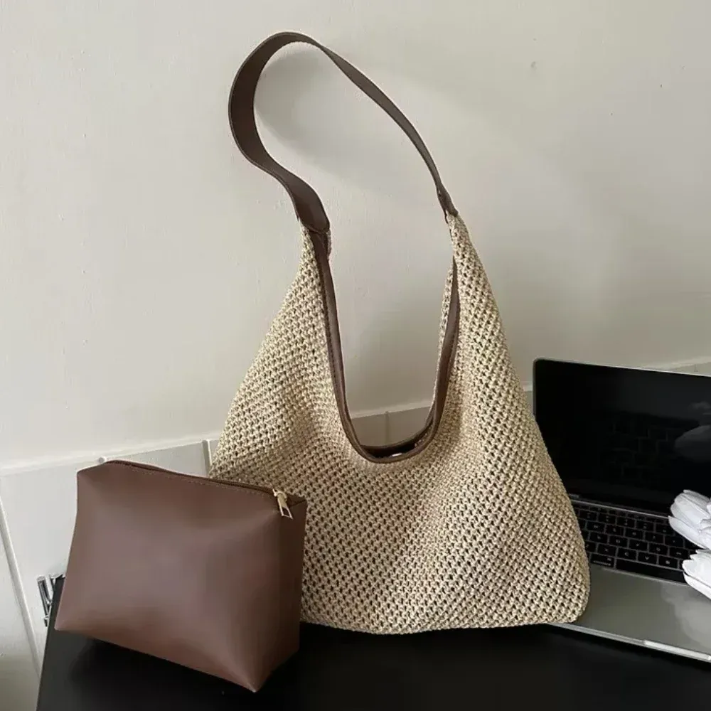 Sac de plage en rotin tissé à la main, grand sac d'été en paille tressée pour femme, sac bandoulière et cabas de shopping 4