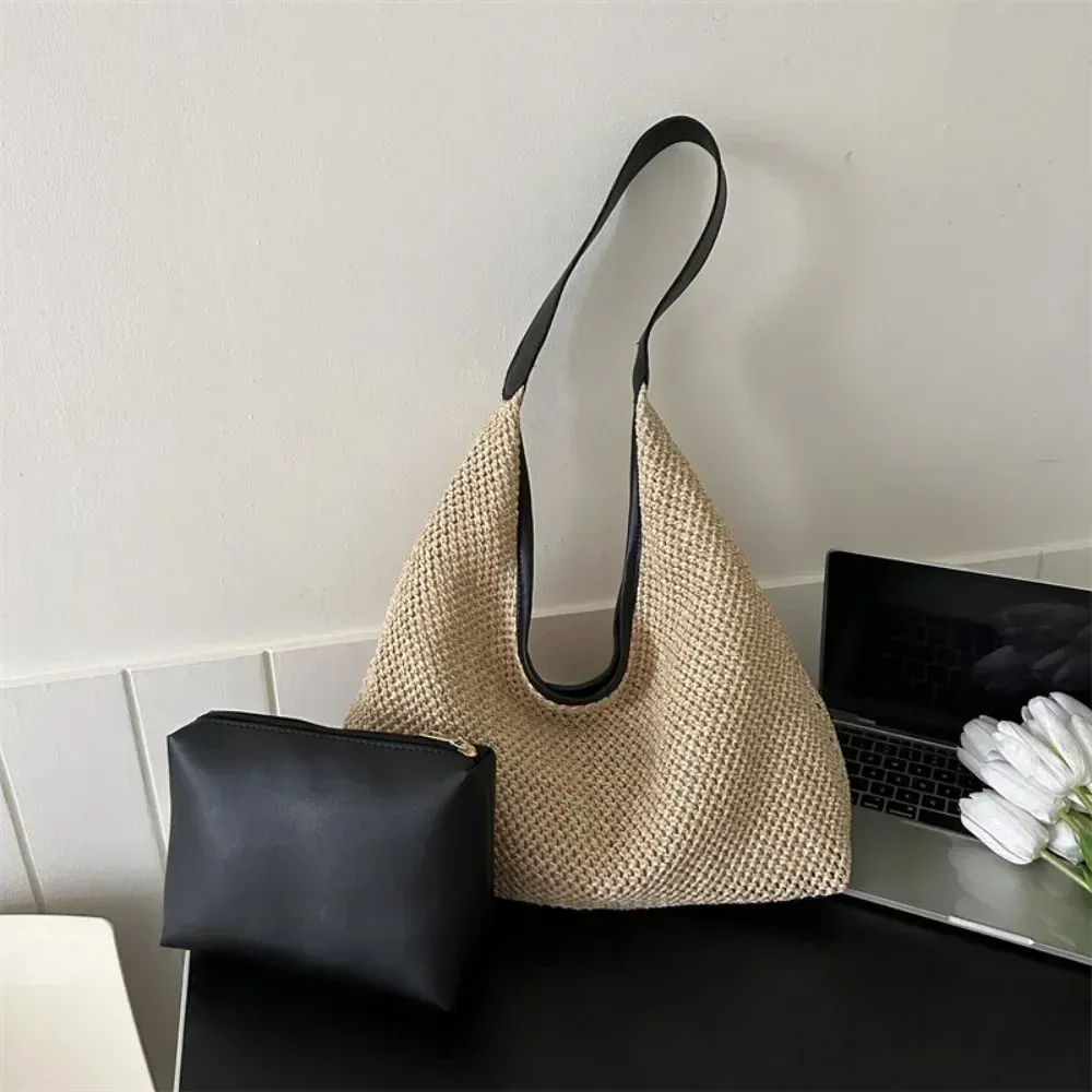Sac de plage en rotin tissé à la main, grand sac d'été en paille tressée pour femme, sac bandoulière et cabas de shopping 5
