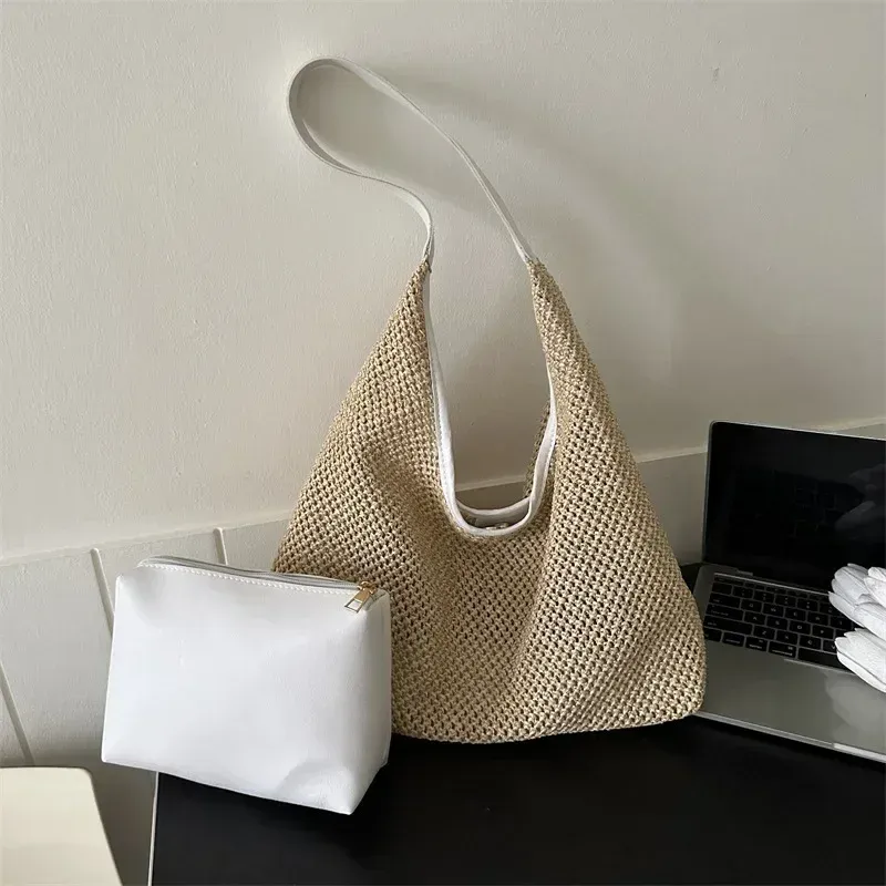 Sac de plage en rotin tissé à la main, grand sac d'été en paille tressée pour femme, sac bandoulière et cabas de shopping 9