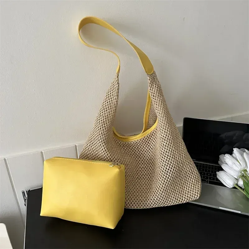 Sac de plage en rotin tissé à la main, grand sac d'été en paille tressée pour femme, sac bandoulière et cabas de shopping 7
