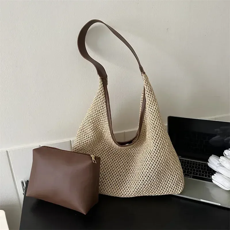 Sac de plage en rotin tissé à la main, grand sac d'été en paille tressée pour femme, sac bandoulière et cabas de shopping 8