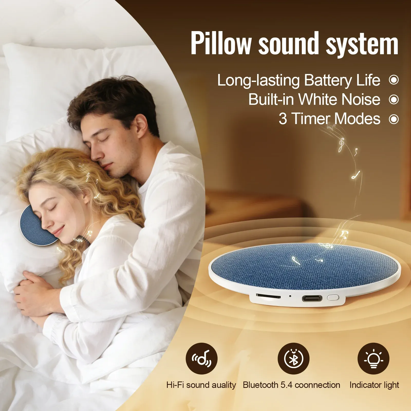 Haut-parleur sans fil pour oreiller 360° Bluetooth 5.4, son surround stéréo HiFi, aide au sommeil et audio privé 4