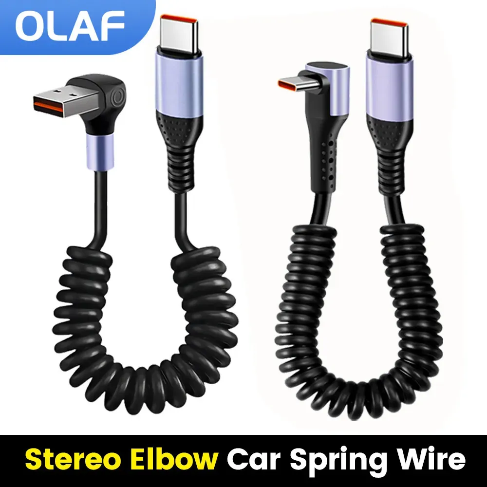 Câble USB-C vers USB-C à ressort pour voiture, 66W/100W, charge rapide, compatible iPhone 15, Huawei, Xiaomi et Samsung, 6A, court