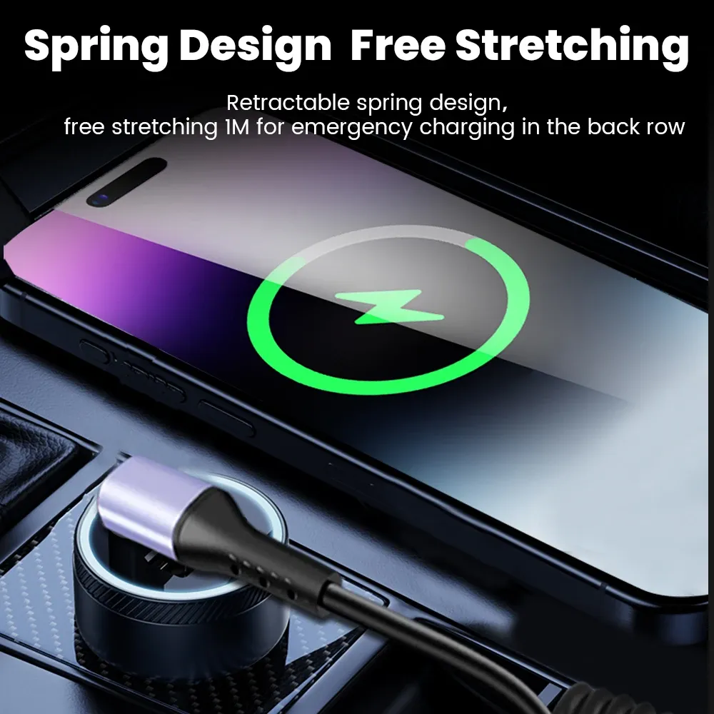 Câble USB-C vers USB-C à ressort pour voiture, 66W/100W, charge rapide, compatible iPhone 15, Huawei, Xiaomi et Samsung, 6A, court 3